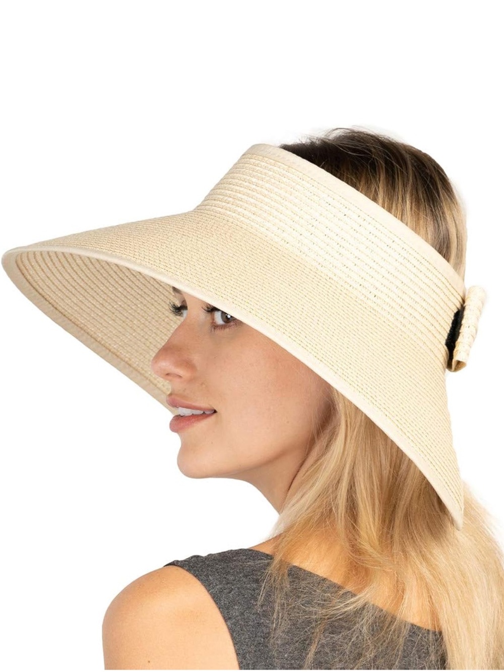 Women's Wide Brim Adjustable Straw Sun Hat With Velcro over Bow Closure
